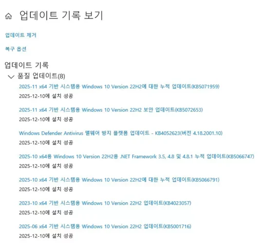 KB5071959와 KB5072653 등의 설치 기록이 표시된 Windows 10 업데이트 기록 화면