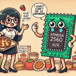AVR ATmega2560 MCU가 메모리 부족으로 더 먹지 못하고있다. 변수 사용과 메모리 한계를 비유적으로 표현한 이미지.