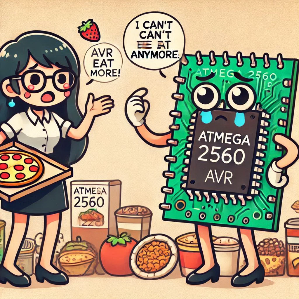 AVR ATmega2560 MCU가 메모리 부족으로 더 먹지 못하고있다. 변수 사용과 메모리 한계를 비유적으로 표현한 이미지.
