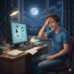 대학 기숙사 책상 앞에서 어려운 문제를 고민하던 학생이, PC가 도움을 주자 기뻐하는 장면