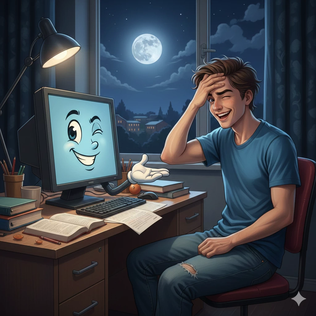 대학 기숙사 책상 앞에서 어려운 문제를 고민하던 학생이, PC가 도움을 주자 기뻐하는 장면