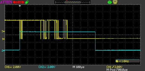 1ms 지연 디바운싱 적용 후 스위치 바운싱 신호가 제거되어 ATmega2560 인터럽트가 한 번만 실행되는 오실로스코프 파형. 노란색은 스위치 전압, 하늘색은 인터럽트 처리 신호이다.
