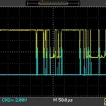 스위치 바운싱과 채터링으로 인해 ATmega2560 인터럽트가 여러 번 발생하는 오실로스코프 파형. 노란색은 스위치 출력, 하늘색은 인터럽트 실행 신호를 나타낸다.