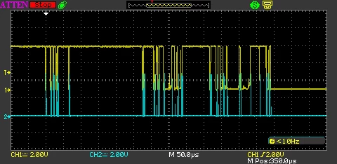 스위치 바운싱과 채터링으로 인해 ATmega2560 인터럽트가 여러 번 발생하는 오실로스코프 파형. 노란색은 스위치 출력, 하늘색은 인터럽트 실행 신호를 나타낸다.