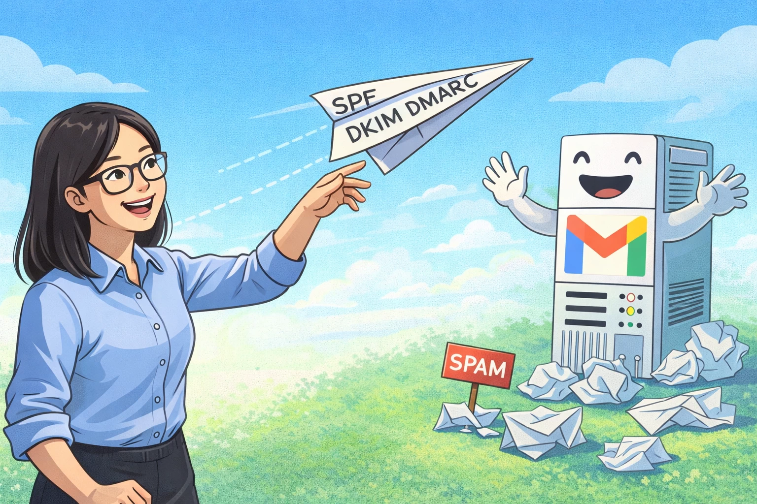 SPF, DKIM, DMARC 인증을 거친 메시지를 GMAIL서버가 반기는 형상 이미지