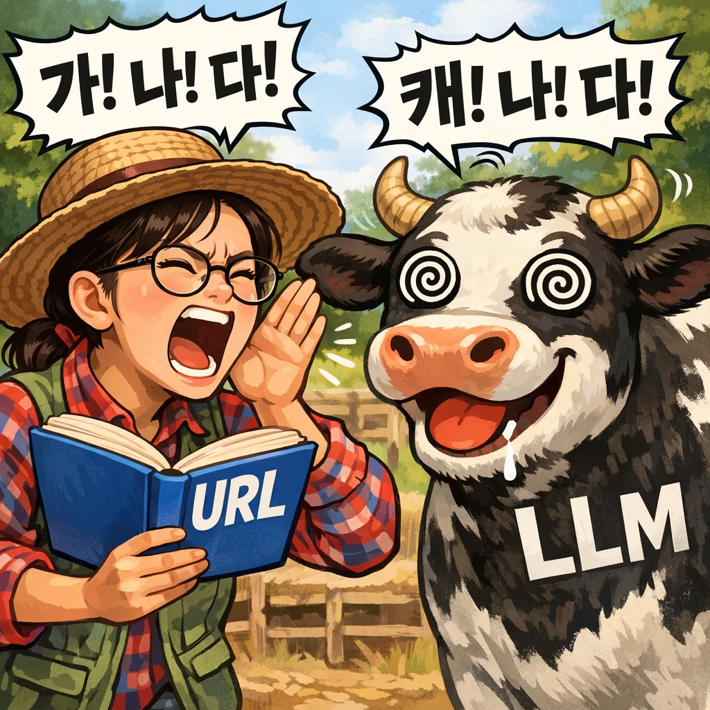 LLM이라 적힌 소에게 URL 책을 읽어주는 여성 농부, 소는 어지러운 눈으로 웃으며 다른 말을 하는 모습