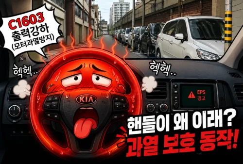 좁은 골목길에서 반복되는 핸들 조작에 뜨겁게 달아올라 지쳐하는 핸들을 형상화한 이미지