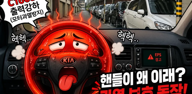 좁은 골목길에서 반복되는 핸들 조작에 뜨겁게 달아올라 지쳐하는 핸들을 형상화한 이미지