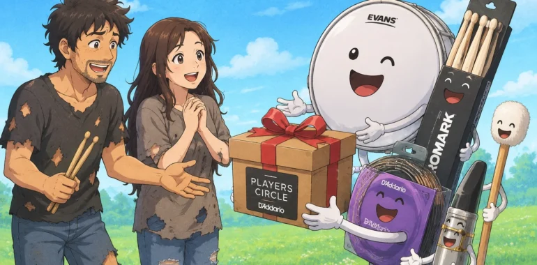 악기 소모품들이 남루한 옷을 입은 뮤지션들에게 Players Circle 선물을 건네는 일러스트