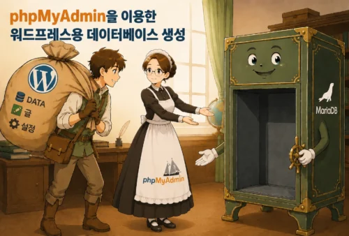 phpMyAdmin이 워드프레스를 MariaDB 데이터베이스로 안내하는 일러스트