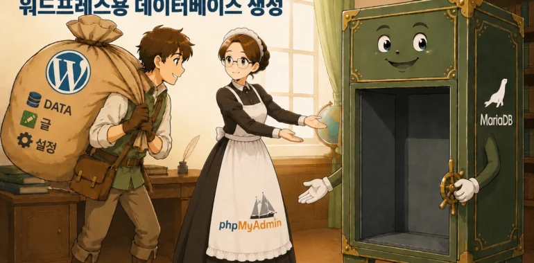 phpMyAdmin이 워드프레스를 MariaDB 데이터베이스로 안내하는 일러스트