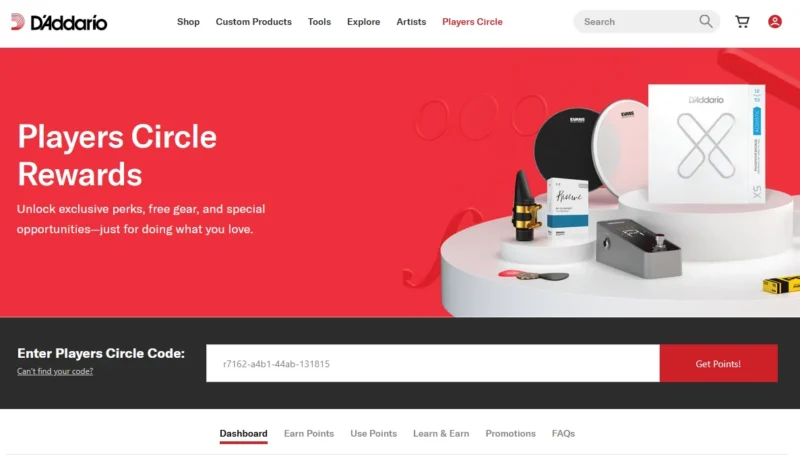 D'Addario Players Circle 포인트 코드를 입력하는 화면