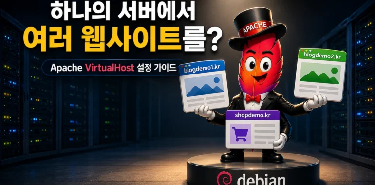하나의 아파치 서버에서 여러 웹 사이트를 운영하는 방법 - 가상 호스트 설정 섬네일 이미지로, 의인화된 아파치 서버가 3개의 사이트를 손에 들고 저글링 하는 모습