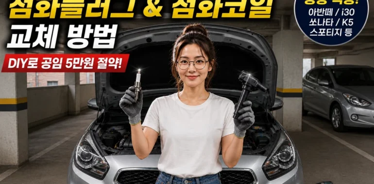 더 뉴 카렌스 NU 2.0 LPI 점화플러그 및 점화코일 자가 교체 방법 썸네일. 주차장 안 엔진 후드를 연 카렌스 앞에서 신품 점화플러그와 점화코일을 들고 자가 정비를 준비하는 여성 작업자.