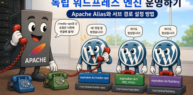 의인화된 아파치 웹 서버가 3개의 워드프레스 엔진 중 하나와 통화하고 있는 모습으로, 하나의 도메인에서 복수의 독립 워드프레스 엔진을 운영하는 모습을 의미하는 섬네일