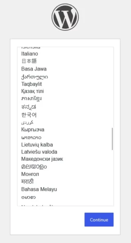 워드프레스 설치 과정에서 언어를 선택하는 화면