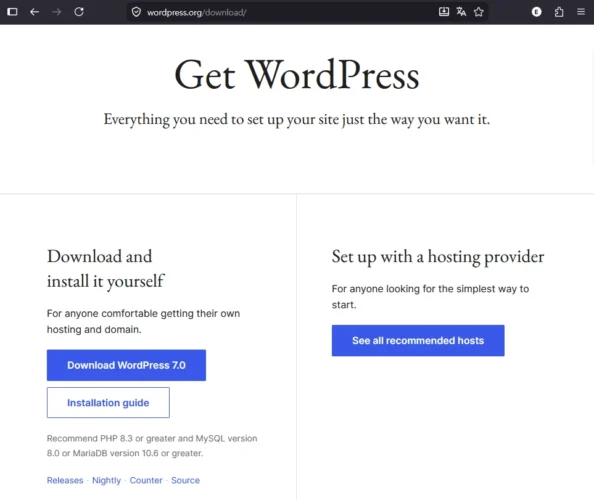 워드프레스 공식 다운로드 페이지 wordpress.org/download/
