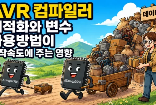AVR 컴파일러 최적화와 변수 사용방법이 동작속도에 주는 영향을 묘사한 이미지, 메모리 여유가 작은 ATMEGA2560은 빠르게, 메모리 여유가 많은 ATMEGA2560은 느리게 움직이는 것을 묘사했다.