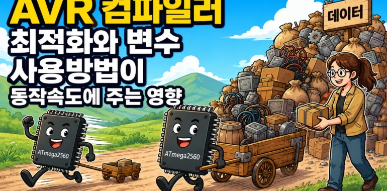 AVR 컴파일러 최적화와 변수 사용방법이 동작속도에 주는 영향을 묘사한 이미지, 메모리 여유가 작은 ATMEGA2560은 빠르게, 메모리 여유가 많은 ATMEGA2560은 느리게 움직이는 것을 묘사했다.