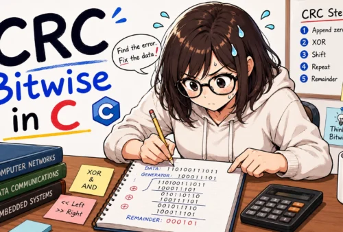 CRC Bitwise function in C language, 손으로 CRC 연산을 연습하고 있는 학생을 묘사한 그림으로, 공책에 CRC 연산 과정이 적혀 있다.