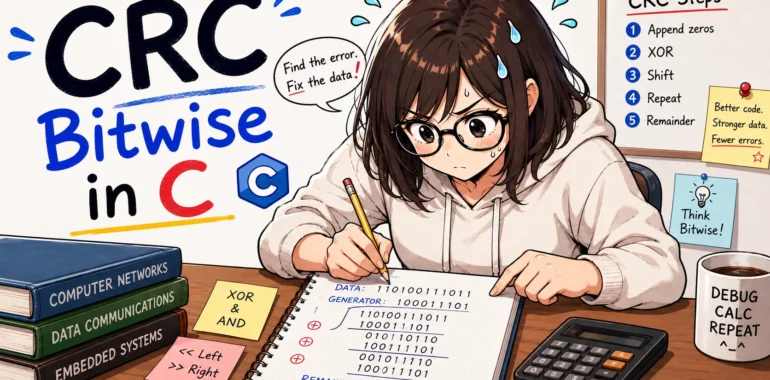 CRC Bitwise function in C language, 손으로 CRC 연산을 연습하고 있는 학생을 묘사한 그림으로, 공책에 CRC 연산 과정이 적혀 있다.