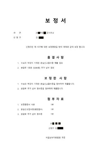 분실신고 접수증의 수표 정보 누락을 보완하기 위해 법원에 제출한 보정서