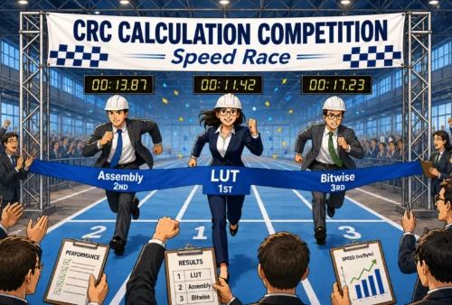 CRC-16 계산 속도 비교를 달리기 대회로 표현한 이미지. LUT 방식이 1등, Assembly 방식이 2등, Bitwise 방식이 3등으로 결승선을 통과하고 있다. 가로비율