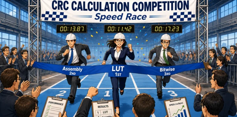 CRC-16 계산 속도 비교를 달리기 대회로 표현한 이미지. LUT 방식이 1등, Assembly 방식이 2등, Bitwise 방식이 3등으로 결승선을 통과하고 있다. 가로비율