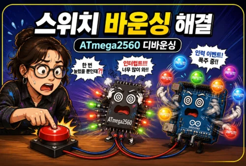 인터럽트를 이용한 디지털 스위치 바운싱(채터링) 해결 방법 섬네일 이미지로, ATmega2560 과 아두이노가 과도한 입력으로 인해 힘겨워 하고 있는 모습을 묘사