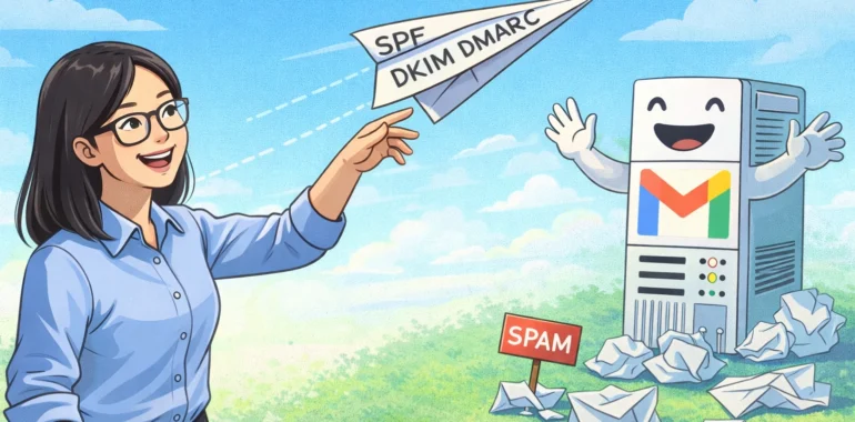 SPF, DKIM, DMARC 인증을 거친 메시지를 GMAIL서버가 반기는 형상 이미지