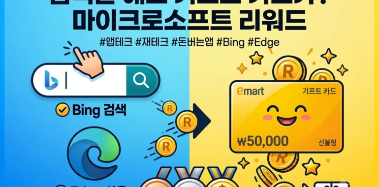 마이크로소프트 리워드를 소개하는 섬네일, Bing과 Edge를 사용해 모은 포인트가 이마트 기프트카드로 변하는 모습을 묘사했다.
