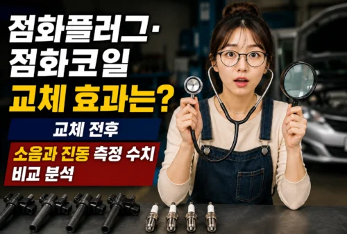 안경을 쓴 30대 여성이 청진기와 돋보기를 들고 점화플러그와 점화코일 교체 전후의 엔진 소음과 진동 변화를 수치로 비교하는 자동차 정비 썸네일