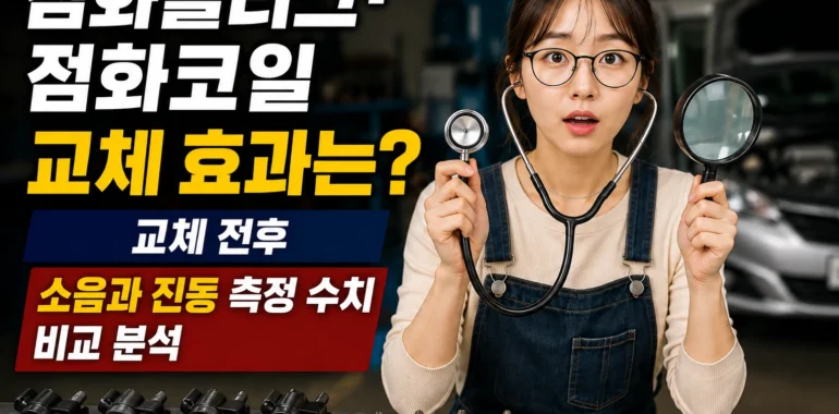 안경을 쓴 30대 여성이 청진기와 돋보기를 들고 점화플러그와 점화코일 교체 전후의 엔진 소음과 진동 변화를 수치로 비교하는 자동차 정비 썸네일