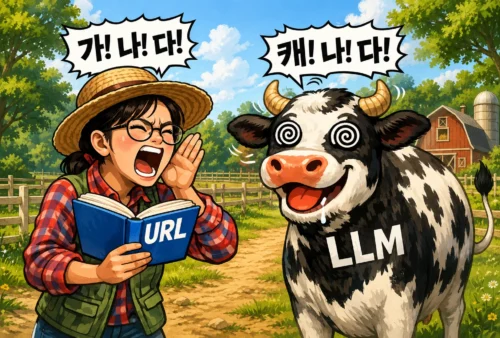 한글을 제대로 이해 하지 못하는 LLM을 묘사한 그림. 농부가 소에게 가나다를 외치고 있지만 소는 캐나다라고 듣는다
