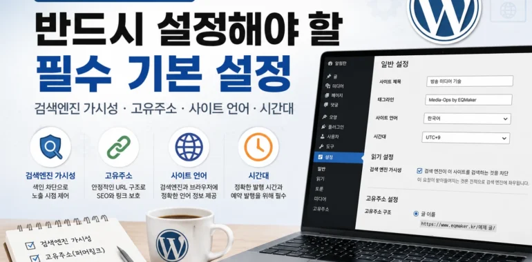 워드프레스 설치 후 검색엔진 가시성, 고유주소, 사이트 언어, 시간대 설정을 안내하는 가로형 썸네일
