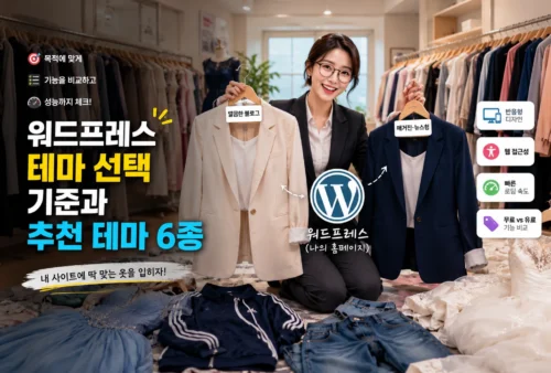 의상실에서 워드프레스 테마 선택 기준과 추천 테마를 설명하는 가로형 섬네일 이미지