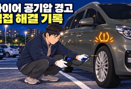 ‘타이어 공기압 경고, 직접 해결 기록’ 문구와 함께 남성이 회색 더뉴카렌스 타이어에 공기를 넣는 가로형 일러스트