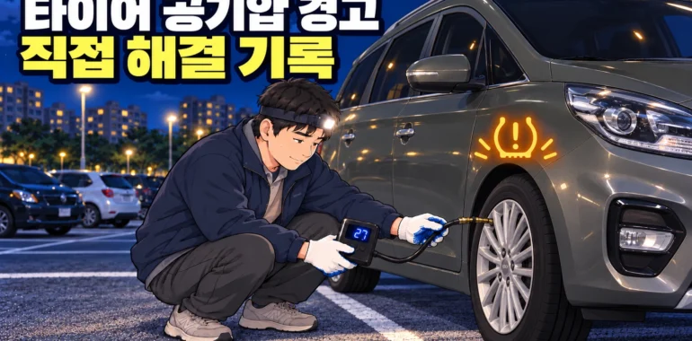 ‘타이어 공기압 경고, 직접 해결 기록’ 문구와 함께 남성이 회색 더뉴카렌스 타이어에 공기를 넣는 가로형 일러스트