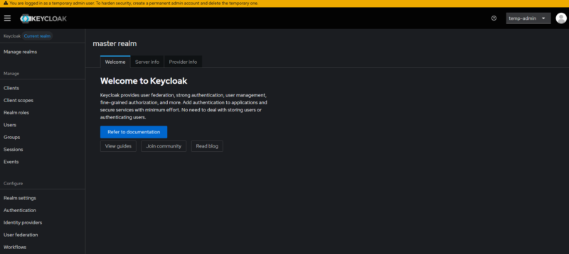 master Realm의 Keycloak 관리자 콘솔 초기 화면