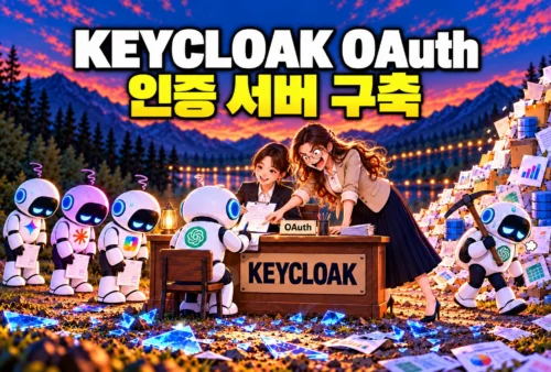 Keycloak의 인증·인가 절차를 인력사무소에 비유한 AI 생성 가로형 섬네일. 풀죽은 AI 대기열, OAuth 명패가 놓인 접수 책상, 재촉하는 엔지니어와 곡괭이를 메고 데이터 무더기로 향하는 AI를 한 장면에 담았다. 상단에는 ‘KEYCLOAK OAuth 인증 서버 구축’ 제목을 배치했다.