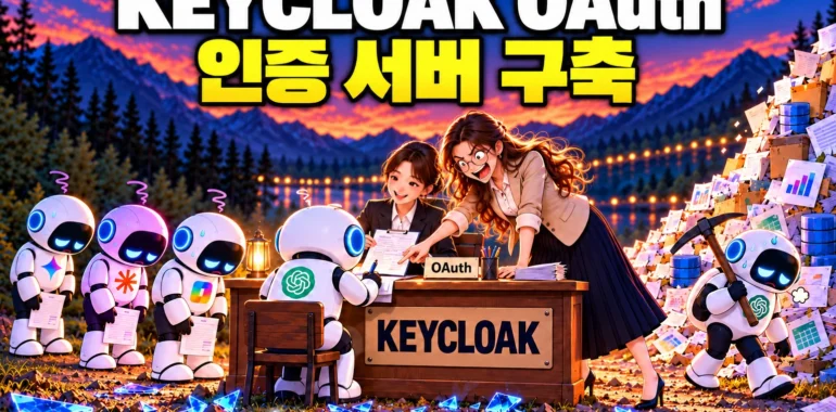 Keycloak의 인증·인가 절차를 인력사무소에 비유한 AI 생성 가로형 섬네일. 풀죽은 AI 대기열, OAuth 명패가 놓인 접수 책상, 재촉하는 엔지니어와 곡괭이를 메고 데이터 무더기로 향하는 AI를 한 장면에 담았다. 상단에는 ‘KEYCLOAK OAuth 인증 서버 구축’ 제목을 배치했다.