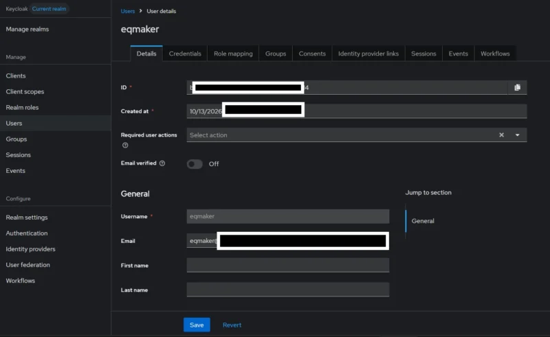 Keycloak에 생성된 정식 관리자용 사용자의 상세 정보 화면