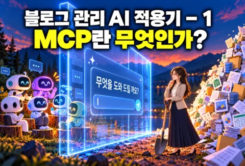 ‘MCP란 무엇인가?’라는 제목 아래 대화창 벽을 사이에 둔 AI 로봇들과 문서 더미 옆에서 삽을 든 엔지니어