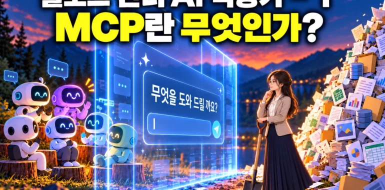 ‘MCP란 무엇인가?’라는 제목 아래 대화창 벽을 사이에 둔 AI 로봇들과 문서 더미 옆에서 삽을 든 엔지니어