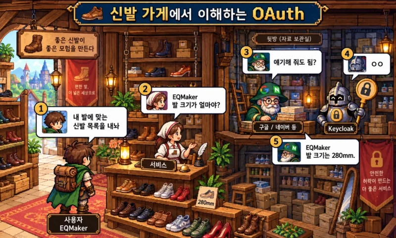 그림으로 이해하는 OAuth와 Keycloak. 고전 게임 속 신발 가게에서 사용자와 서비스, 구글·네이버, Keycloak이 발 크기 정보의 제공 여부를 묻고 답하는 그림
