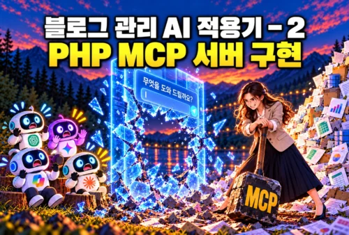 제목을 포함한 가로형 섬네일이다. 왼쪽에는 놀란 AI 로봇들을, 중앙에는 구멍 난 프롬프트 창을, 오른쪽에는 MCP 해머를 잡은 엔지니어를 배치해 API 연동으로 나아가는 과정을 상징했다.