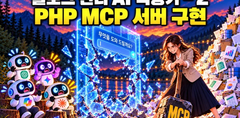 제목을 포함한 가로형 섬네일이다. 왼쪽에는 놀란 AI 로봇들을, 중앙에는 구멍 난 프롬프트 창을, 오른쪽에는 MCP 해머를 잡은 엔지니어를 배치해 API 연동으로 나아가는 과정을 상징했다.