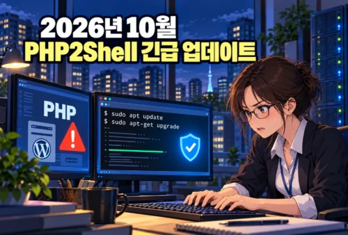 PHP 경고 화면과 APT 업데이트 명령이 표시된 모니터 앞에서 엔지니어가 긴급 작업을 수행하는 가로형 일러스트