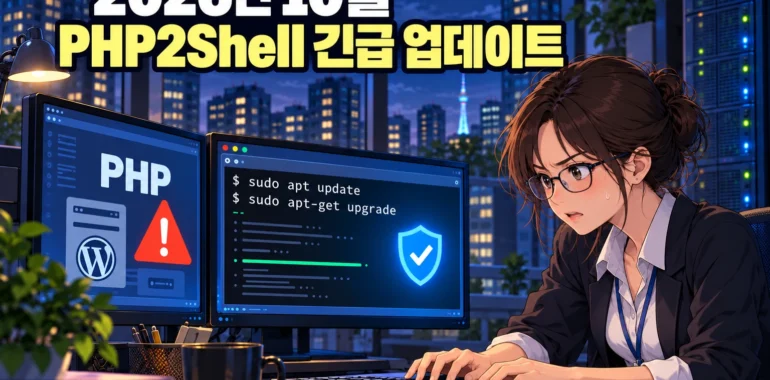 PHP 경고 화면과 APT 업데이트 명령이 표시된 모니터 앞에서 엔지니어가 긴급 작업을 수행하는 가로형 일러스트