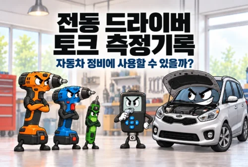 팔짱을 낀 전동 드라이버 3형제와 자신만만한 더 뉴 카렌스, 호루라기를 든 토크 컨버터 심판으로 토크 측정 실험을 표현했다. 상단에 ‘전동 드라이버 토크 측정기록’과 ‘자동차 정비에 사용할 수 있을까?’ 문구를 배치한 가로형 섬네일이다.